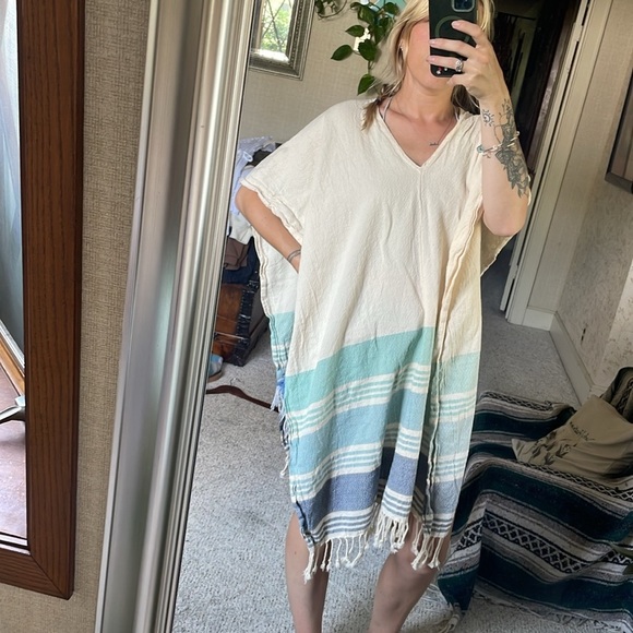 Tribe Alive Cream and Blue Accent Beach Kimono Swim Cover - Picture 3 of 14